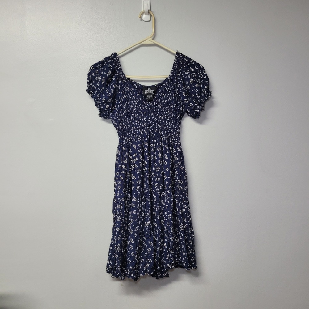 Angie Womens Navy Blue Floral Smocked Bodice Puff Sleeve Mini Dress Size M